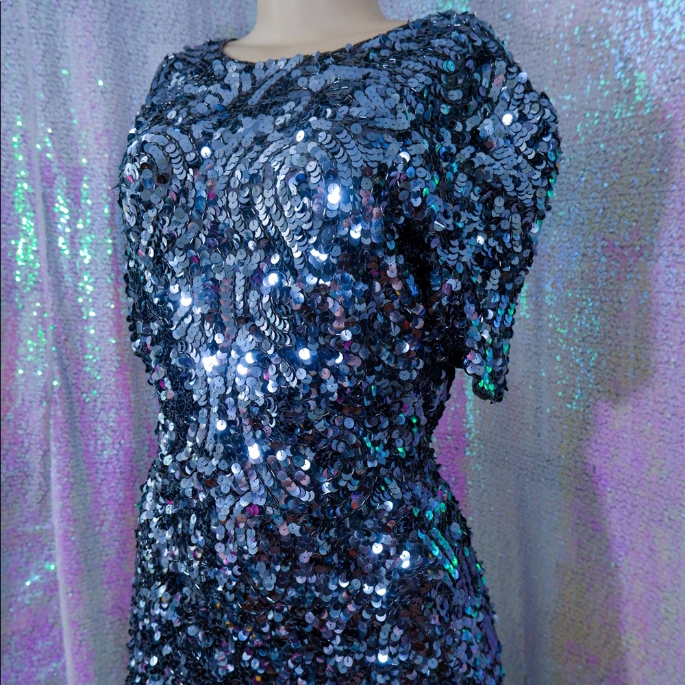 Vintage Retro Blue Metallic Sequin Mini Dress